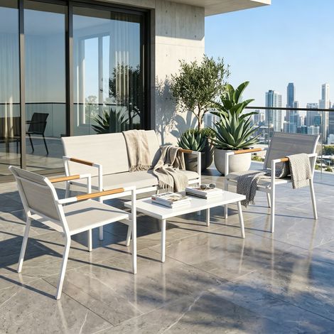 Gartenmöbel Set Sitzgruppe für 4 Personen Atmungsaktiv Gartenlounge mit 2er Sofa 2 Sessel Metall-Tisch Fußpads (1/4)