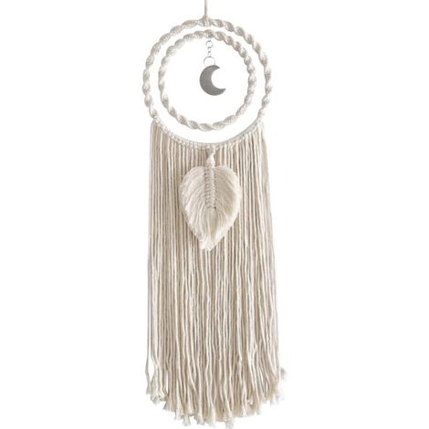 Tenture murale artisanale en macramé, attrape-rêves bohème pour chambre, mobile suspendu avec plumes et clochettes, décoration tissée en coton, 1 pièce (1/5)
