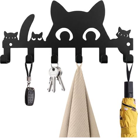Llavero de pared con forma de gato y 6 ganchos, diseño compacto, bonita decoración para la entrada, adecuado para el salón y el dormitorio. (1/5)
