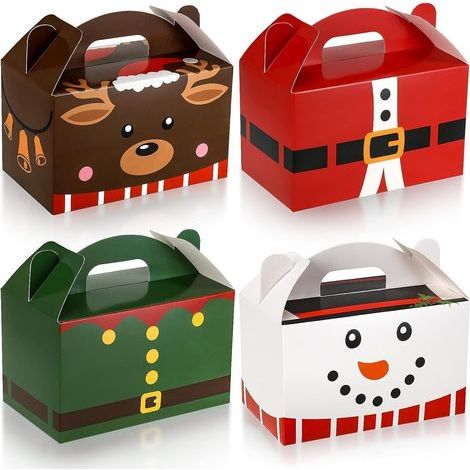 24 Pièces Boîtes de Friandises de Noël, 15CM x 9CM Boîte à Bonbons Biscuits en Carton Plaid Père Noël Elfe Bonhomme de Neige Boîte Cadeau avec Poignée pour Thanksgiving Noël Fête (4 Motifs) (1/5)