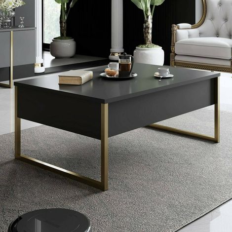 Dmora - Wohnzimmertisch Dgiagnon, Niedriger Wohnzimmertisch, Kaffeeregal, Couchtisch für Sofa, 90x60h40 cm, Anthrazit und Gold (1/5)