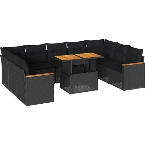 vidaXL Set Divani Giardino 10pz con Cuscini Nero in Polyrattan Acacia (1/5)