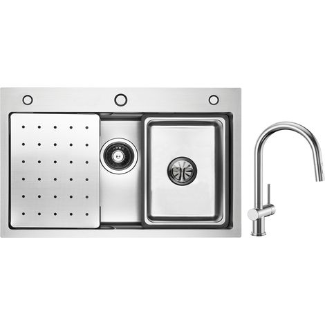Cecipa Lavello 1 Vasca 70×45 cm con Gocciolatoio, Vaschetta e Dosatore Sapone + Miscelatore Cucina con Doccia Estraibile Spazzolata (1/5)