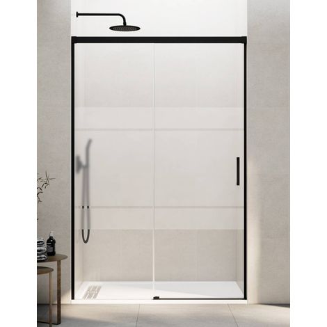 BASIC sliding shower door with fixed panel, 115 cm, Frost screen-printed glass, black finish (1/5)