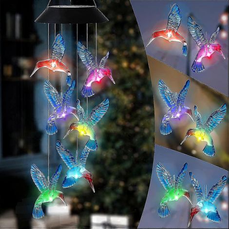 Campanillas de viento solares con colibrí que cambian de color, impermeables, con luces LED móviles, campanillas de viento con energía solar para el hogar, el patio, el jardín y la decoración navideña (1/5)
