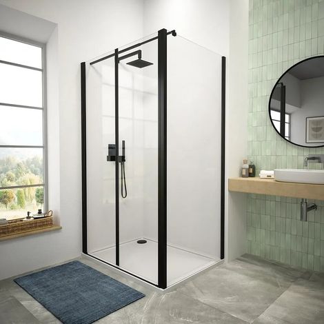 Box doccia 120x80 cm porta saloon e parete fissa profili nero opaco e vetro da 8mm trasparente h195 Fiji (1/3)