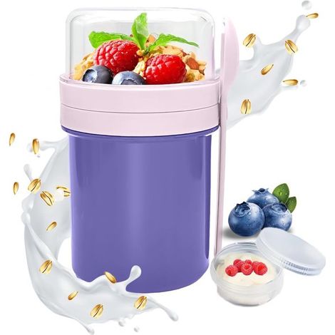 Coppette di cereali da asporto (250 + 450 ml), vasetti di yogurt da portare via, vasetti di porridge d'avena overnight con cucchiaio, ciotola per cereali riutilizzabile, insalatiera (1/5)