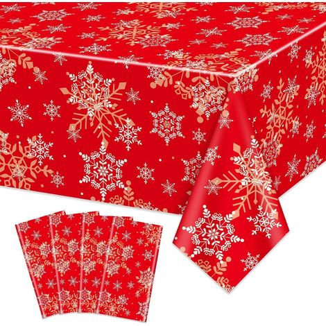 Weihnachts-Tischdecke Schneeflocken 4er-Set 130x220cm Rot Wasserfest
