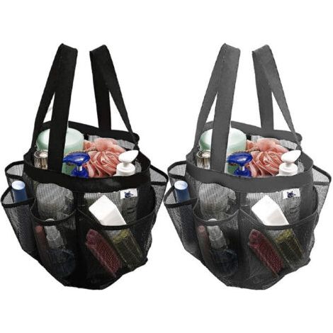 Lot de 2 sacs de douche en maille à séchage rapide, 8 poches, organiseur de bain avec 2 poignées de suspension pour plage, camping, dortoir, salle de bain et voyage Gris et noir (1/4)