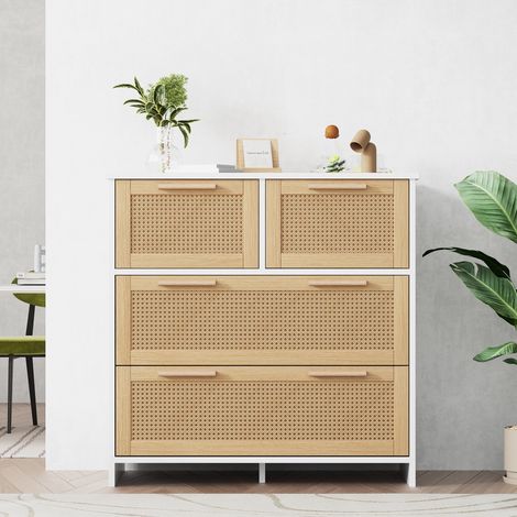 Commode de chambre, 80x80x38 cm, Meuble de rangement chiffonnier pour salon et entrée, 4 tiroirs en rotin naturel, Naturel et Blanc (1/5)