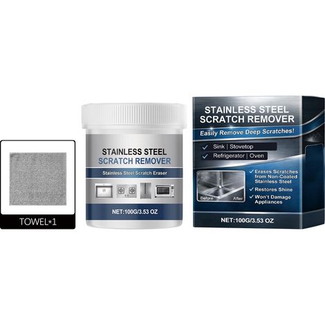 Produit anti-rayures pour acier inoxydable, idéal pour les plaques de cuisson et les ustensiles de cuisine du quotidien. Élimine et fait disparaître les rayures sur l'acier inoxydable. Facile à nettoy (1/5)
