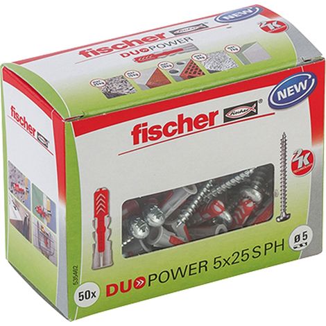 Fischer – Cheville DuoPower 50x 5x25mm – Pour béton, plein et creux – Charge maximale 50kg – Lot de 50 unités