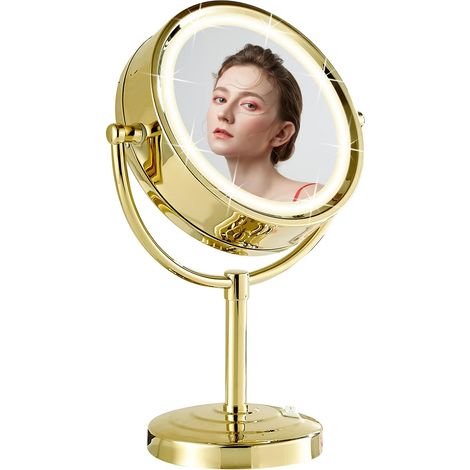 Miroir de Table Doré Grossissant Lumineux x5-3 Couleurs de Lumière - Rotation à 360° - Double Face,Diamètre 21.5cm (1/5)