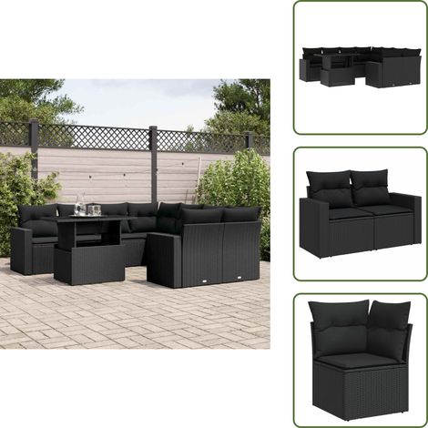 Salon de jardin 9 pcs avec coussins noir résine tressée - Ensemble Salon De Jardin - Meuble Extérieur - Salon De Jardin Pliable - Table Extensible - Chaise Lounge (1/5)