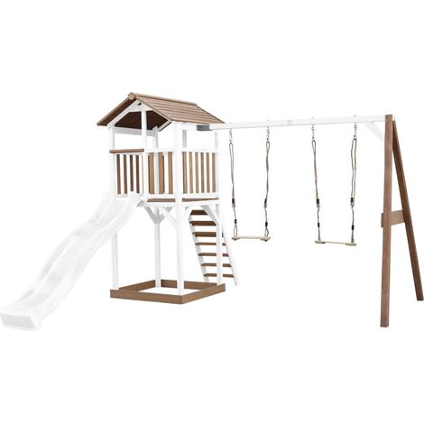 Aire de jeux extérieure avec toboggan bleu – 2 balançoires – Bac à sable – Bois FSC marron et blanc – Pour enfants – AXI