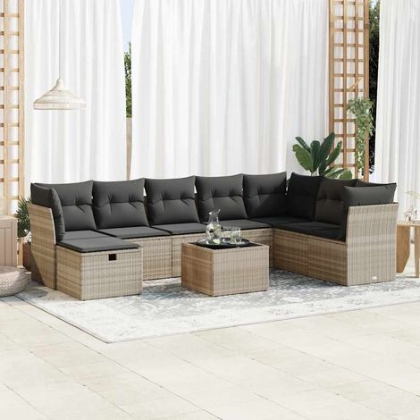 9-tlg. Garten-Sofagarnitur mit Kissen Hellgrau Poly Rattan (1/5)