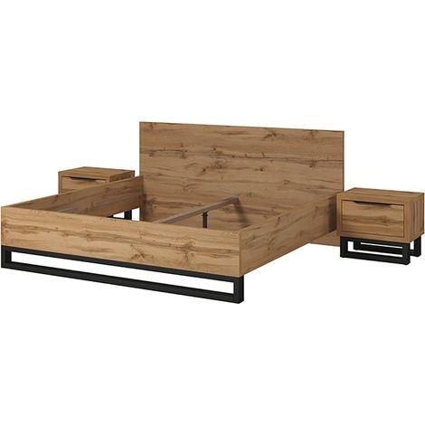 Letto matrimoniale 180x200 e due comodini in stile industriale - Collezione MILOS. Colori rovere grezzo e nero. Rete inclusa