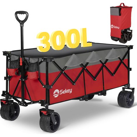 Sekey XXXL Superlang Bollerwagen Faltbar Handwagen 300L 200KG Klappbar Transportwagen, Alle-Terrain Reifen, Ultrakompakt Faltbar, Rot und Grau