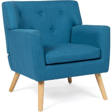 Idmarket – Fauteuil relax scandinave en tissu 100% polyester bleu canard – Structure en bois hévéa – Dimensions 74x75x79 cm – Assise rembourrée