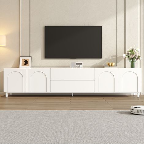 Meuble TV long 180 x 40 x 48 cm avec 4 portes, 2 tiroirs, passe-câbles, blanc DESVIAE (1/5)