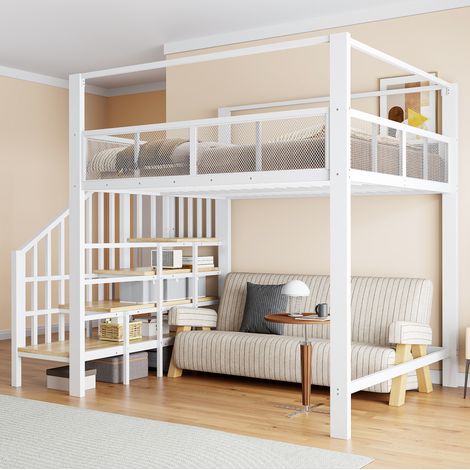Letto a soppalco 140x200 cm con scaletta contenitore e baldacchino, robusta struttura in metallo bianco. (1/5)