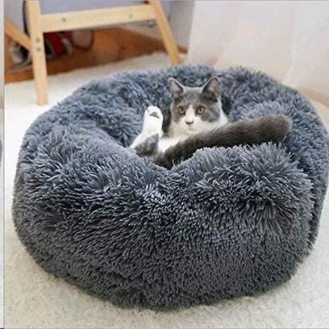1 Panier Rond, Peluche, Coton PP, Antidérapant, Chien Chat, Gris Foncé 50cm