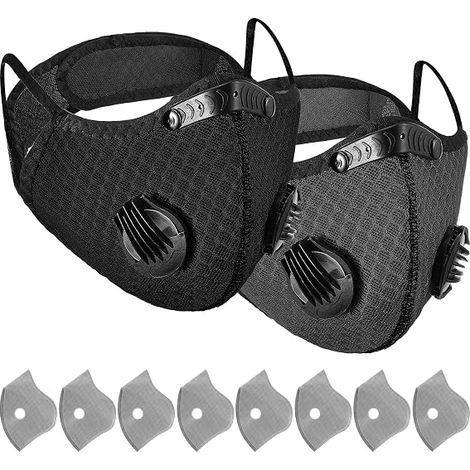 Masque respiratoire réutilisable 2 pièces - Avec filtres à charbon actif contre la poussière et la pollution - Idéal pour le travail du bois et la tonte de pelouse - Noir et gris (1/4)