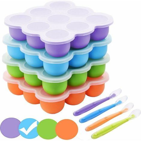 Congélation Bébé Food Rangement Nourriture en Silicone, Bac à Glaçons avec Couvercle Hermétique pour Aliments pour Bébés, Lait Maternel, Purée, Whisky, Yogourt et Glace, Réutilisable, 9 x 75ml, Bleu