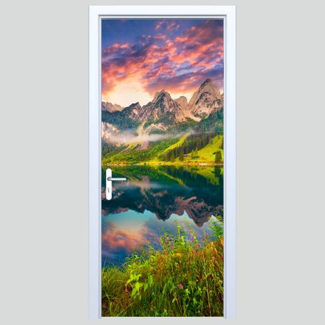 Autocollant de porte en tissu « Coucher de soleil dans les montagnes » 195PD
