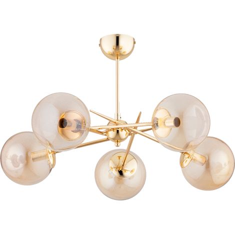 Plafonnier moderne doré avec boules en verre ambré pour salon ou couloir, 5 x E14 10 W, Alfa Primers