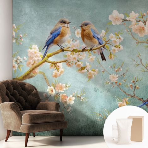 Tapete Vliestapete mit Kleber für Wohnzimmer Schlafzimmer Küche - Wanddekoration Frühlingsvögel 250x250 cm (1/5)