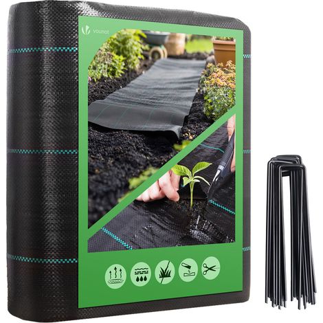 VOUNOT® Toile de paillage 10mx1m avec 30 agrafes - Bâche géotextile 100g/m² anti-mauvaises herbes anti-UV perméable à l'eau anti-repousse