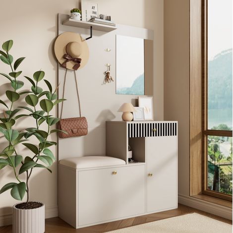 meuble rangement entrée miroir assise MDF 110 cm OKMYHOME (1/5)