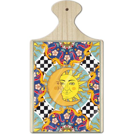 Lupia - Tagliere in Legno Decorativo con Vetro stampato a colori multiuso con manico 16x29 cm SOLE E LUNA (1/4)
