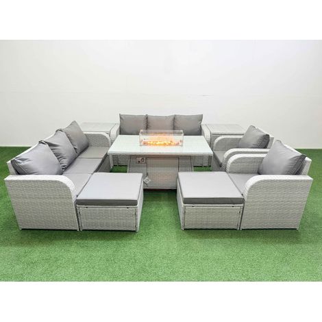 Fimous PE Rattan High Back Lounge Sofa Set Patio Firepit Dining Table & Chairs Set with 3 Seater Sofa Reclining Chair 2 Big Footstool 2 Side Table Light Grey (1/4)