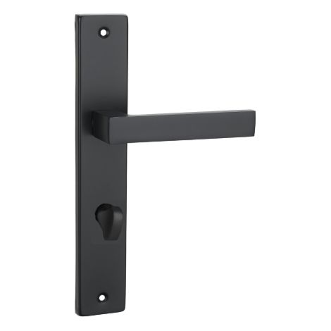 Maniglia per porta Domino Qubik su piastra lunga con serratura per WC, nera, interasse 72 mm