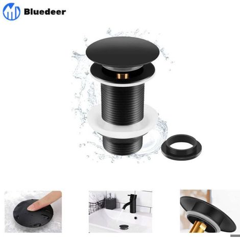 Bonde de lavabo noire – Bouton-poussoir automatique – Sans trop-plein – Universelle, installation facile (1/4)