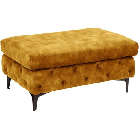 Puf VELENA amarillo mostaza – Puf barroco de terciopelo con patas de metal negras