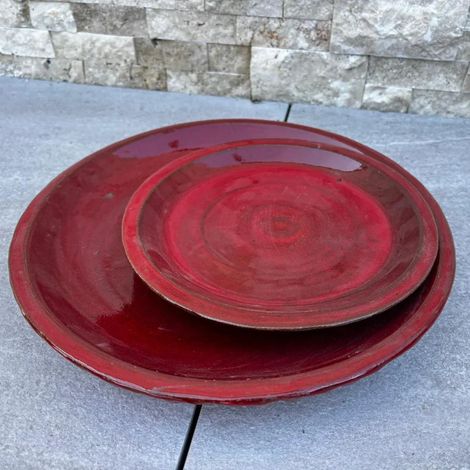 Soucoupe 28cm rouge impérial faite à la main en terre cuite émaillée (1/4)