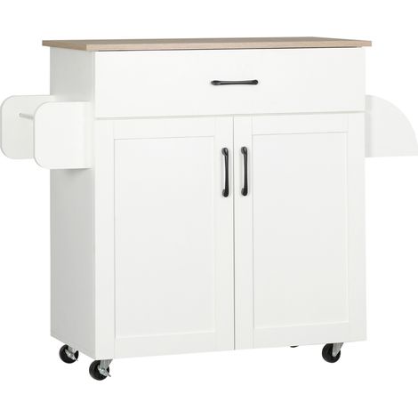 Îlot de cuisine blanc avec rangements multiples, 1 tiroir, 1 meuble bas, 2 portes, étagère ajustable, porte-serviettes et porte-épices - plan de travail en bois (1/5)