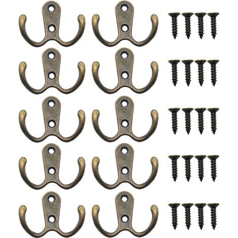 Set mit 10 bronzefarbenen Kleiderhaken, doppelte Metallhaken mit Schrauben, B (1/5)
