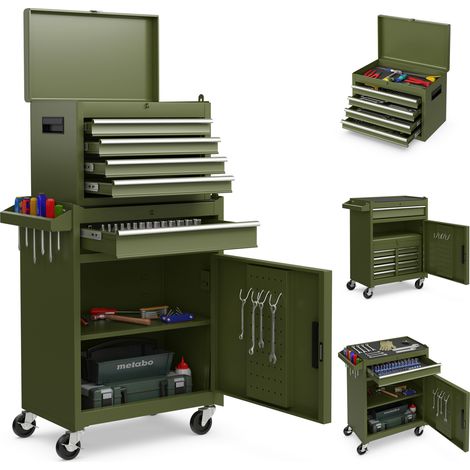 Servante d’Atelier à Outils 4 Tiroirs Compartiment Amovible Etagère Vert (1/5)