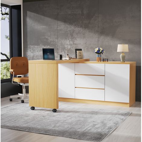 Mesa escritorio de tablero de partículas, blanco roble, 120 x 50 x 76,5 cm, tablero giratorio 360° con ruedas con freno (1/5)