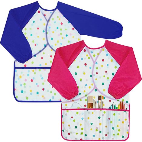 (2 PCS) Blouse peinture enfant imperméable, enfant à manches longues avec 3 poches, pour la peinture, l'artisanat et la cuisine (Rose&Bleu) (1/4)