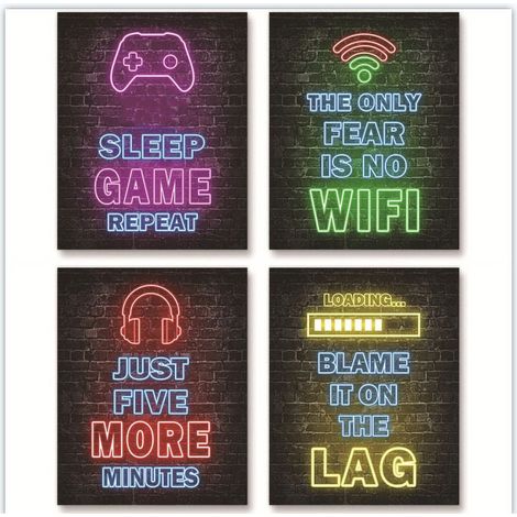 Poster Jeu Vidéo - Toile Imprimée Néon 21x30 cm - Décoration Murale Salle De Jeux - Pour Chambre Ado Bureau Etudiant Espace Esports - Lot De 4 (1/5)