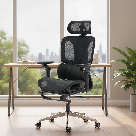 Silla de oficina ergonómica, silla de escritorio con soporte lumbar y reposacabezas ajustables, reposabrazos plegables 6D, reposapiés, malla, color negro. (1/5)