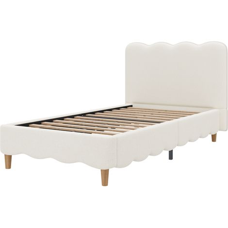 Cama tapizada 90 x 200 cm con somier de láminas y cabecero de bouclé blanco HOMVRA (1/5)