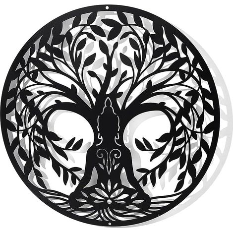 Décoration murale métallique Arbre de Vie avec silhouettes yoga, noir mat 30x30 cm, pour salon ou salle de bain