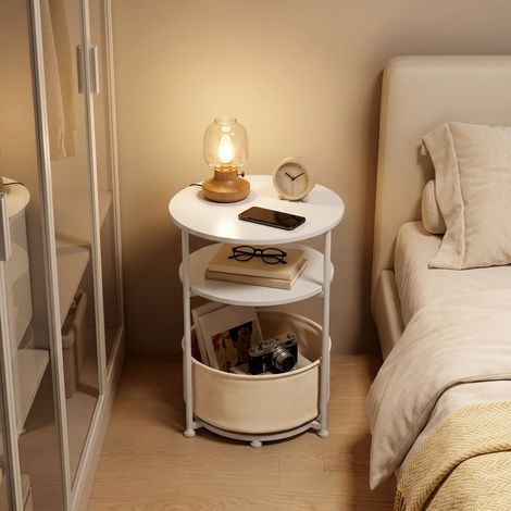 WOLTU Couchtisch rund, Beistelltisch Sofatisch Kaffeetisch mit abnehmbarem Stoffkorb, Metallrahmen, für Sofa Wohnzimmer Schlafzimmer, Weiß + Beige (1/5)