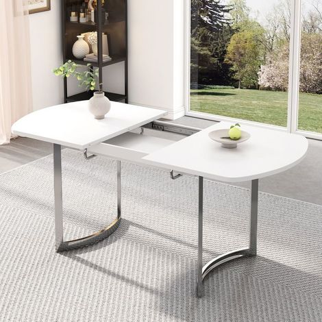 Table de salle à manger extensible - Moderne - Blanc - 4 à 6 personnes - Pieds en métal argenté - 140 à 180 cm (1/5)